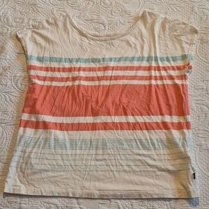 North Face women's Medium striped shirt, cream, orange, light blue couple marks